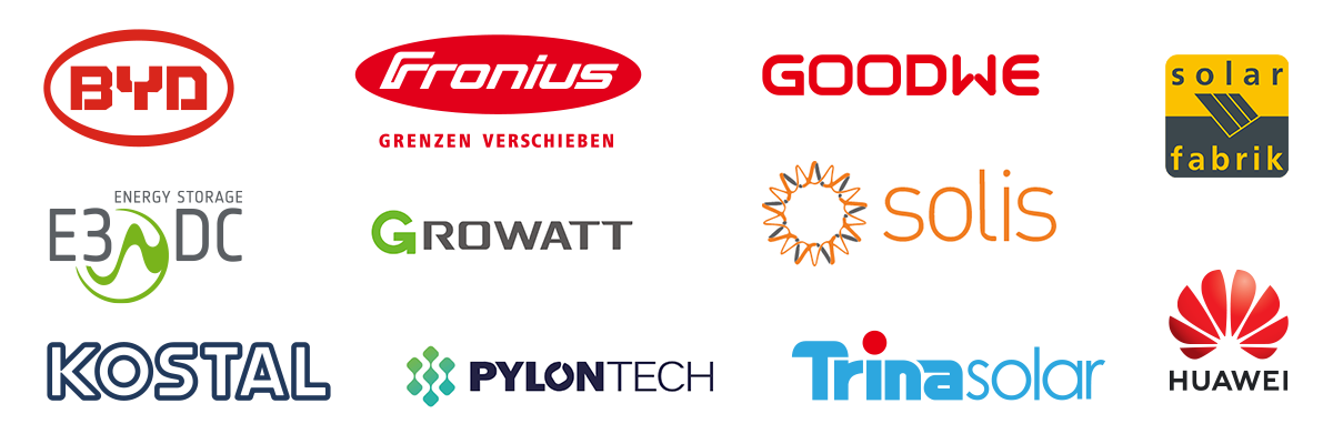 Übersicht der Hersteller-Logos: BYD, Fronius, Goodwe, Solarfabrik, E3Dc, Growatt, solis, Kostal, PylonTech, Trinasolar, Huawei